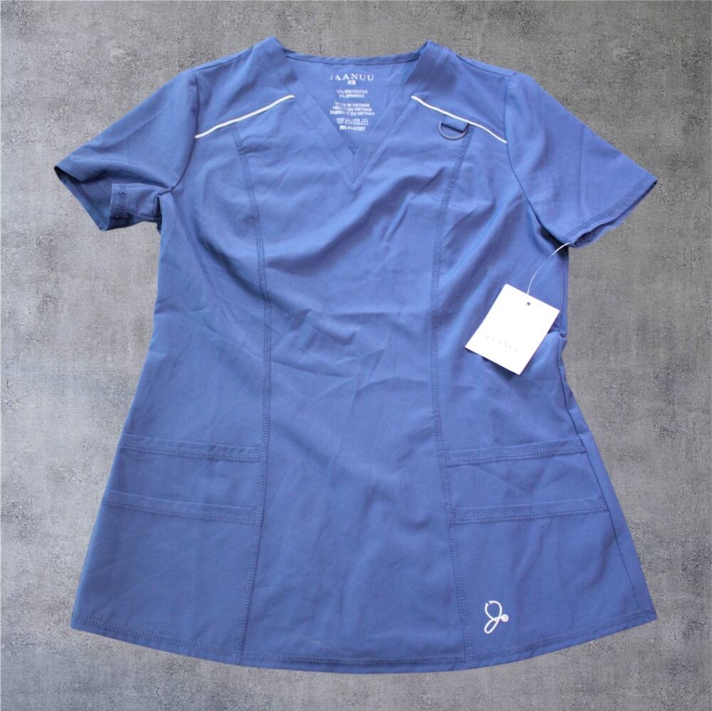 Jaanuu Women's Scrub Top XS Blue V-Neck Stretch Medical Uniform Nurse NWT